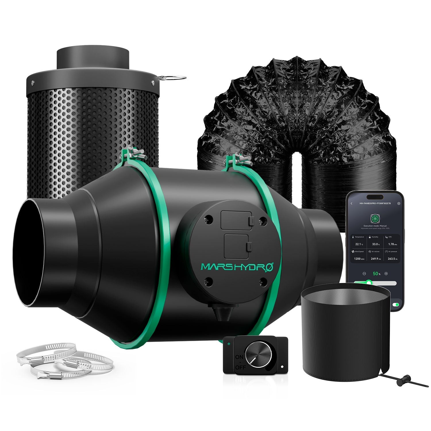Mars Hydro iFresh 4 Inch Inline Duct Fan and Refillable Carbon Filter Combo with Speed Controller