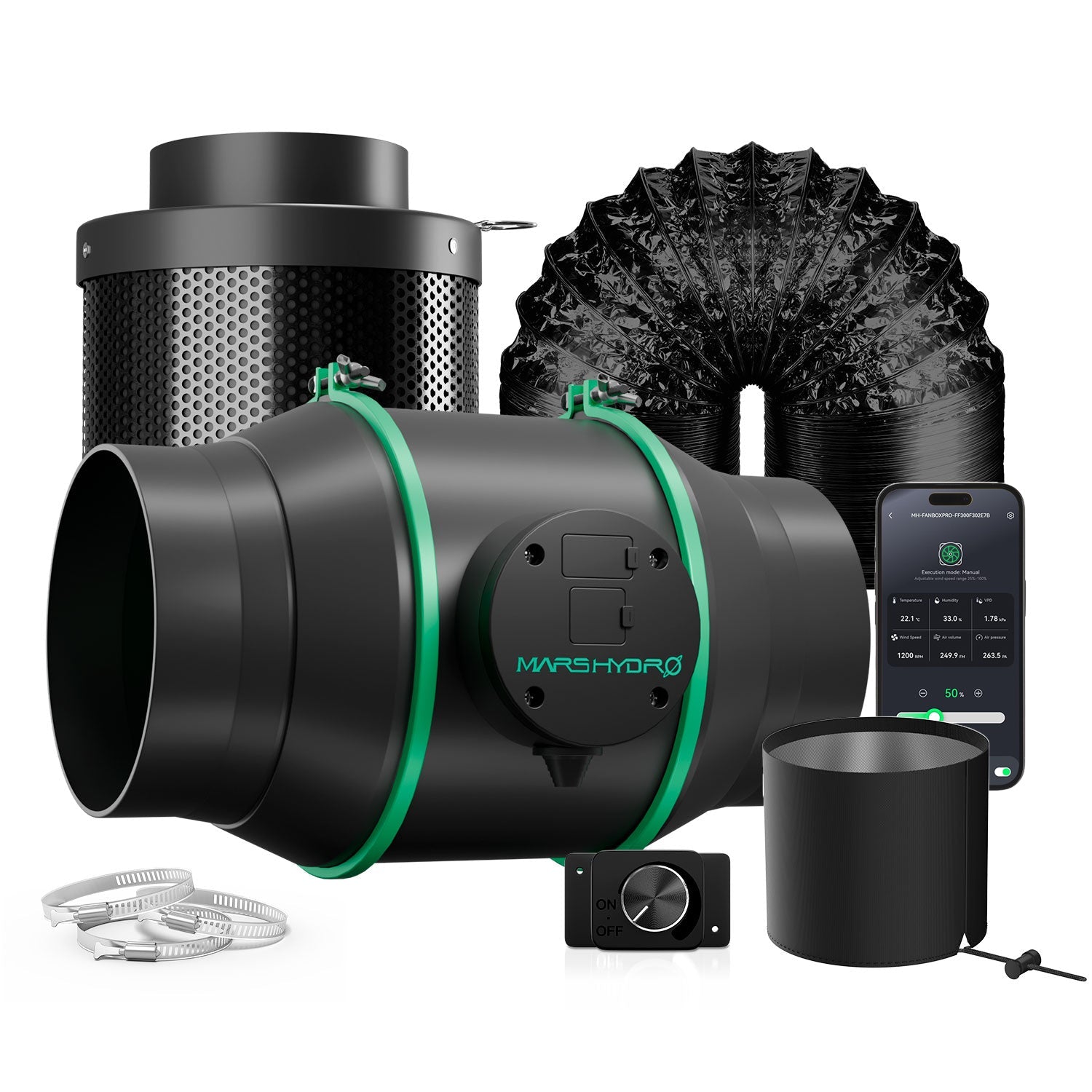 Mars Hydro iFresh 6 Inch Inline Duct Fan and Refillable Carbon Filter Combo with Speed Controller