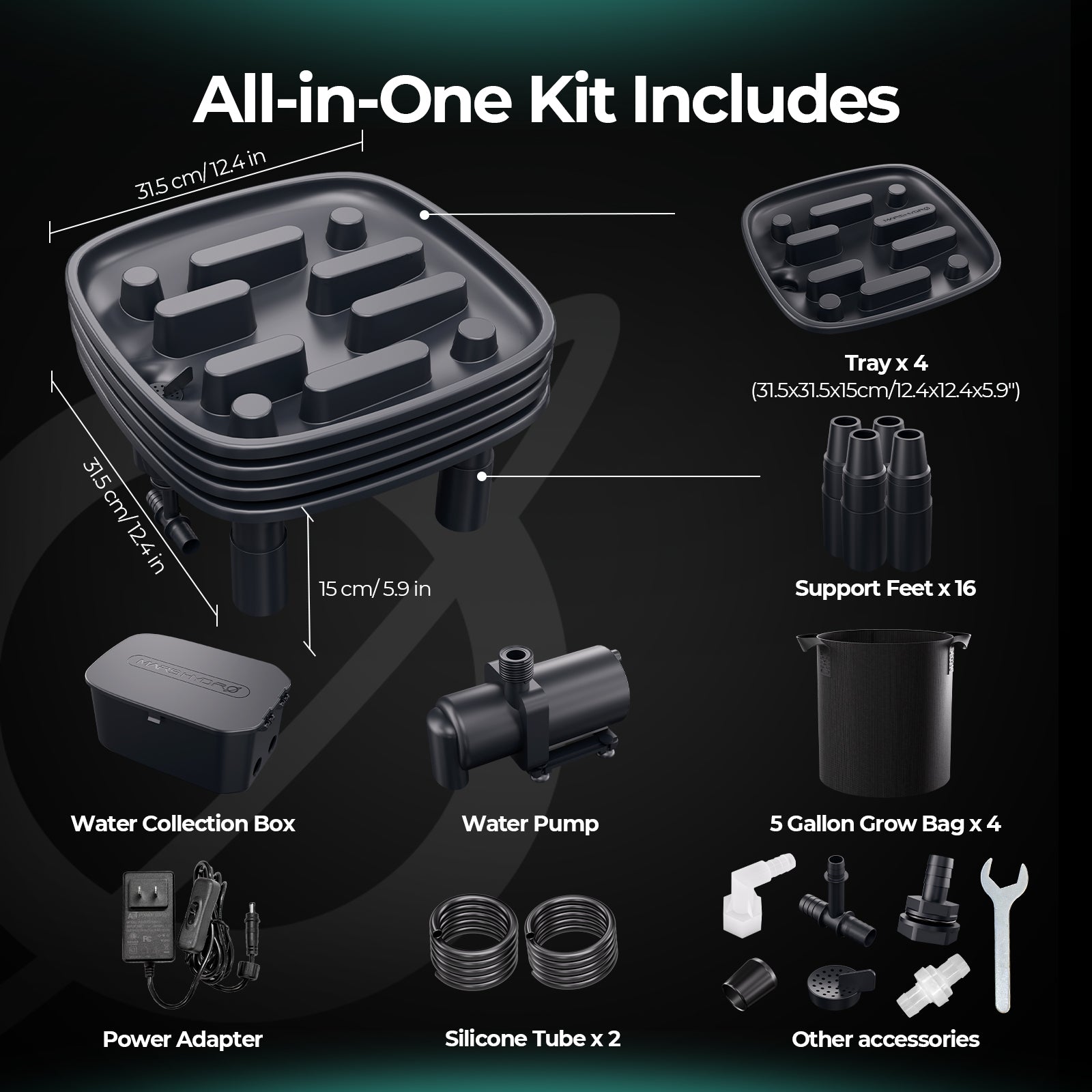 Mars Hydro Auto-Drainage System with 4-Pack Runoff Trays – Water Pump – Grow Bags – product view 2