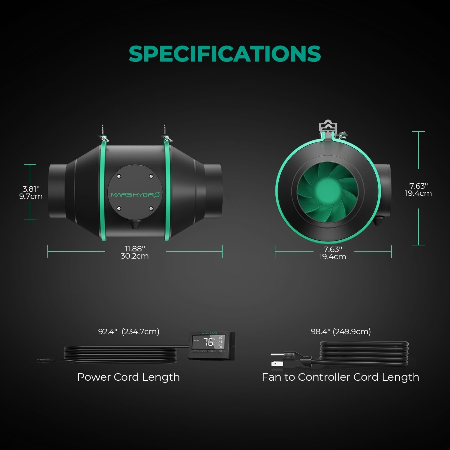 Mars Hydro 4″ (100 mm) Inline Duct Fan with Thermostat Controller – product view 4