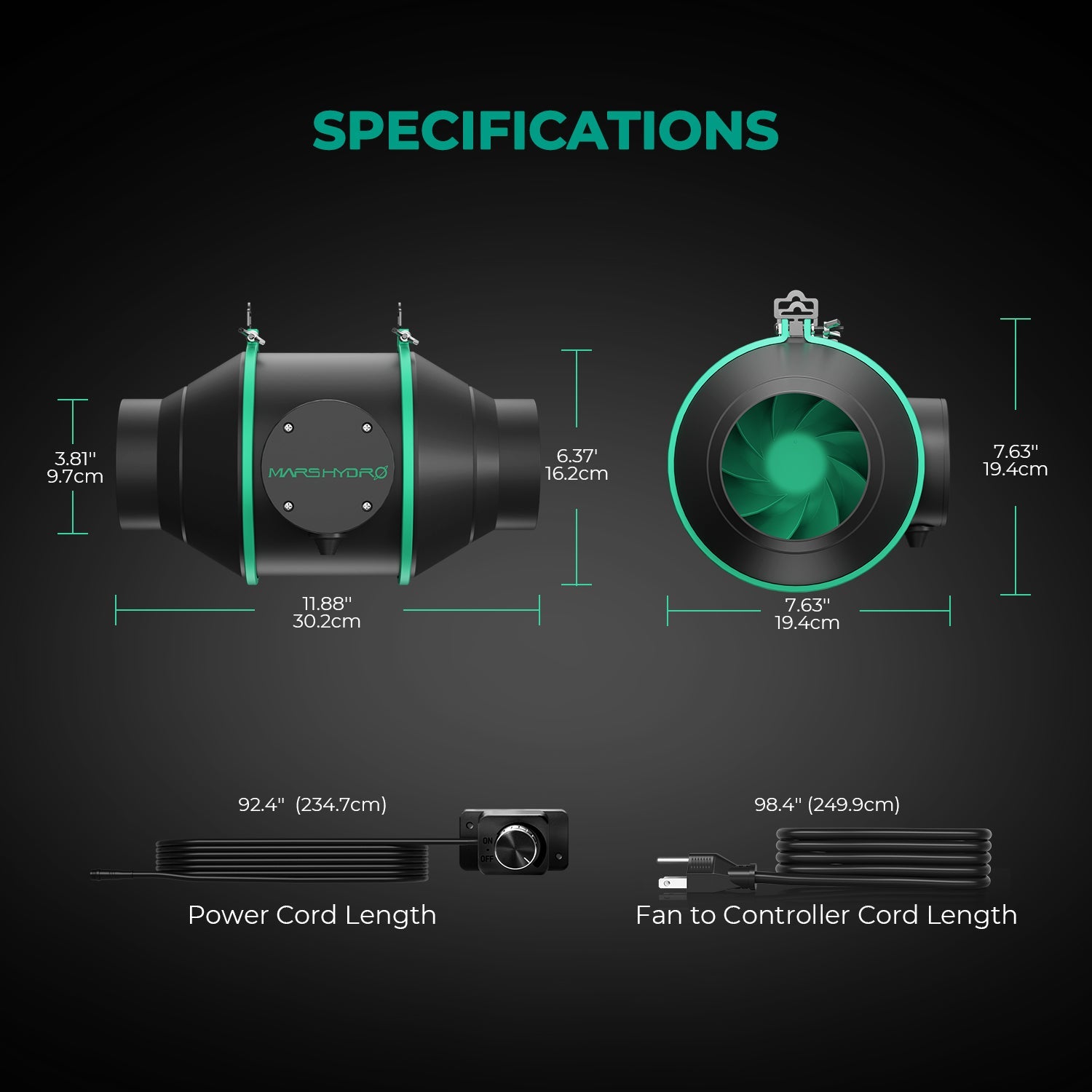 Mars Hydro 4″ (100 mm) Inline Duct Fan with Speed Controller – product view 5
