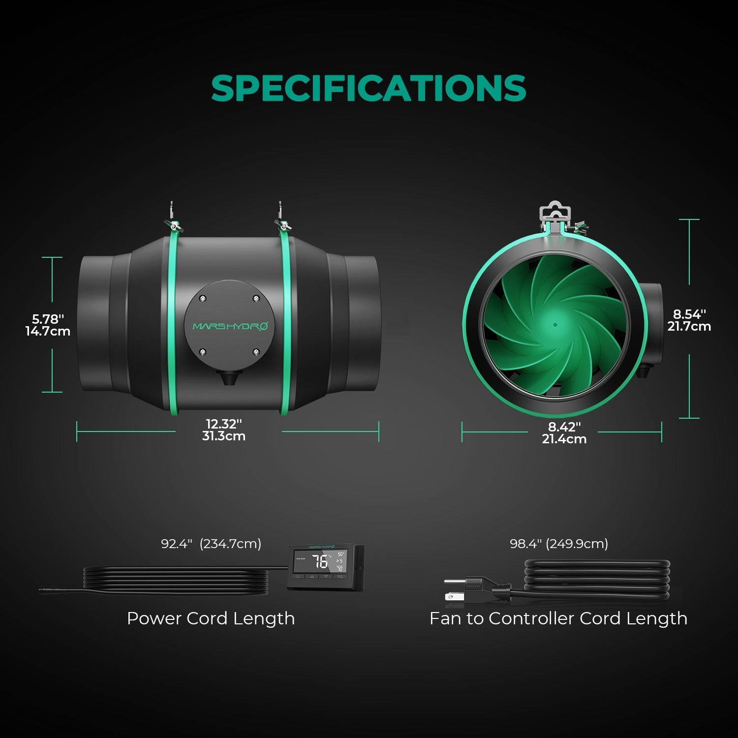 Mars Hydro 6″ (150 mm) Inline Duct Fan with Thermostat Controller – product view 3