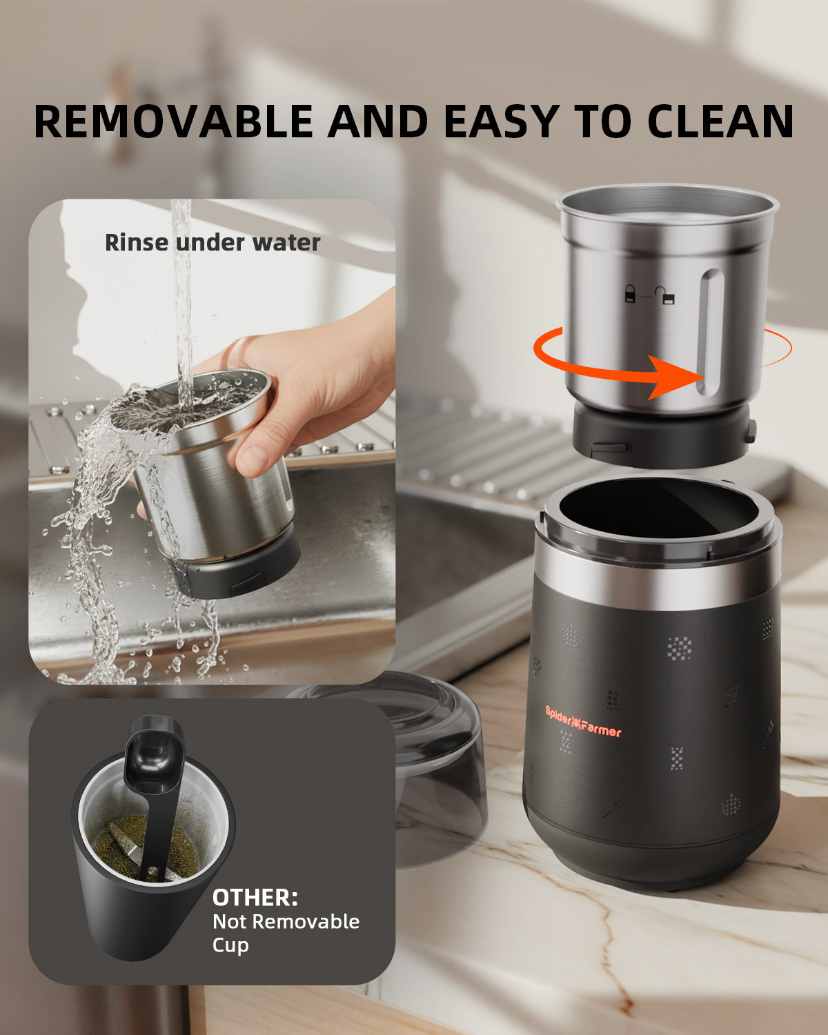 Spider Farmer Electric Herb & Spice Grinder with Removable Stainless Steel Bowl – product view 5