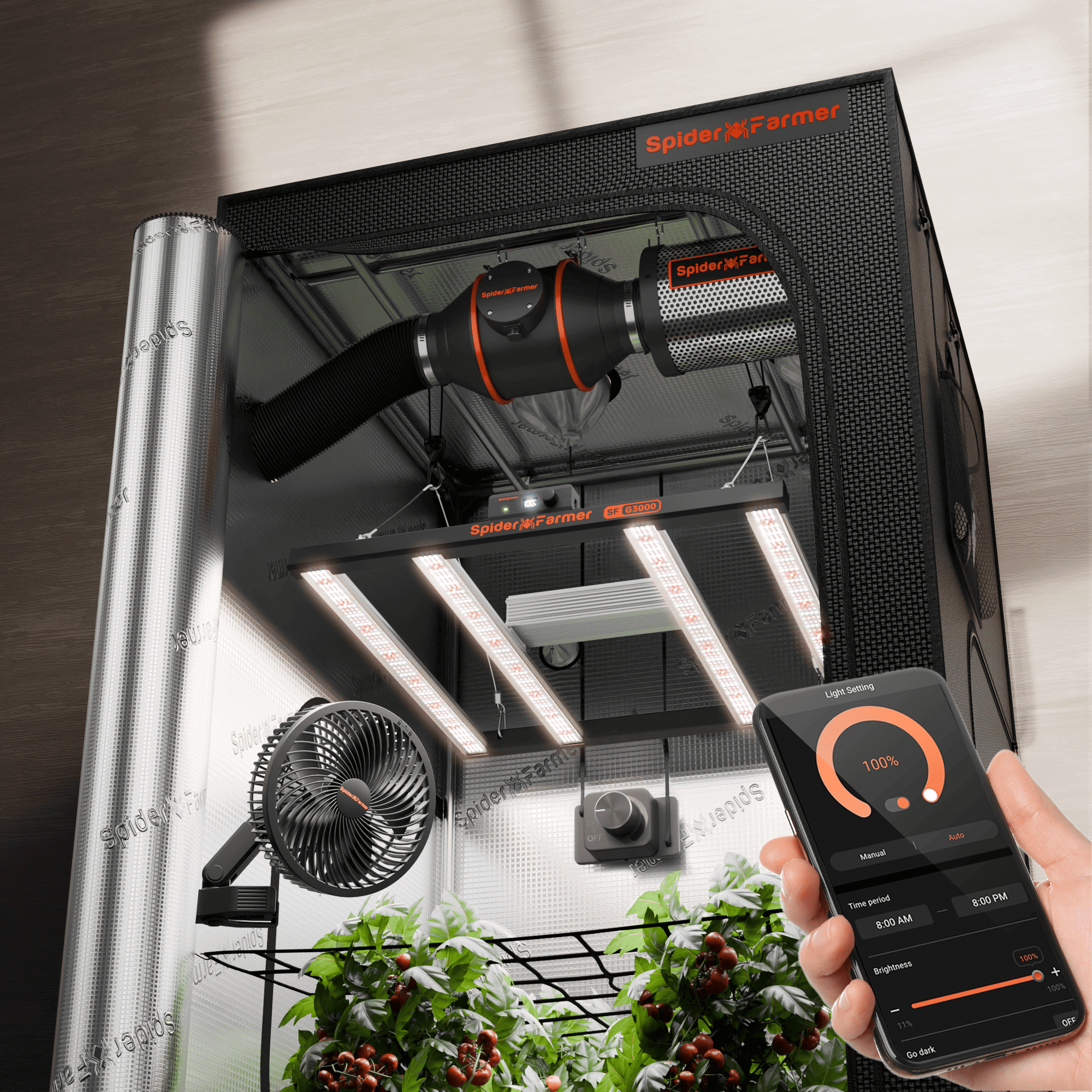 Spider Farmer 3' × 3' × 6' Complete Grow Tent Kit – G3000 Full Spectrum LED Grow Light – Next-Gen 6" Clip Fan – product view 