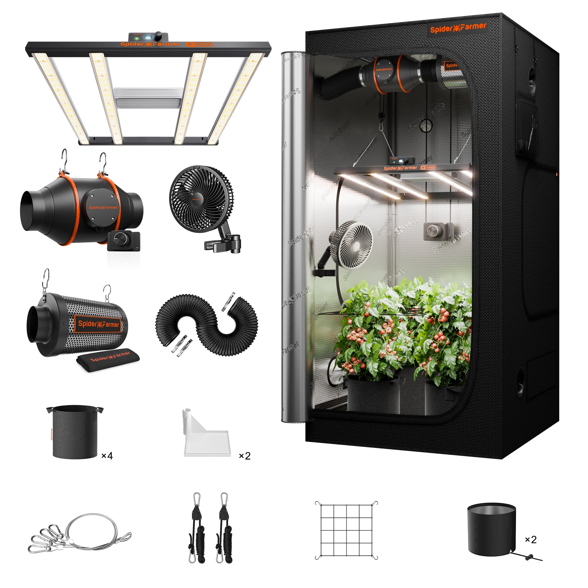 Spider Farmer 3' × 3' × 6' Complete Grow Tent Kit – SE3000 Full Spectrum LED Grow Light – Next-Gen 6" Clip Fan – product view