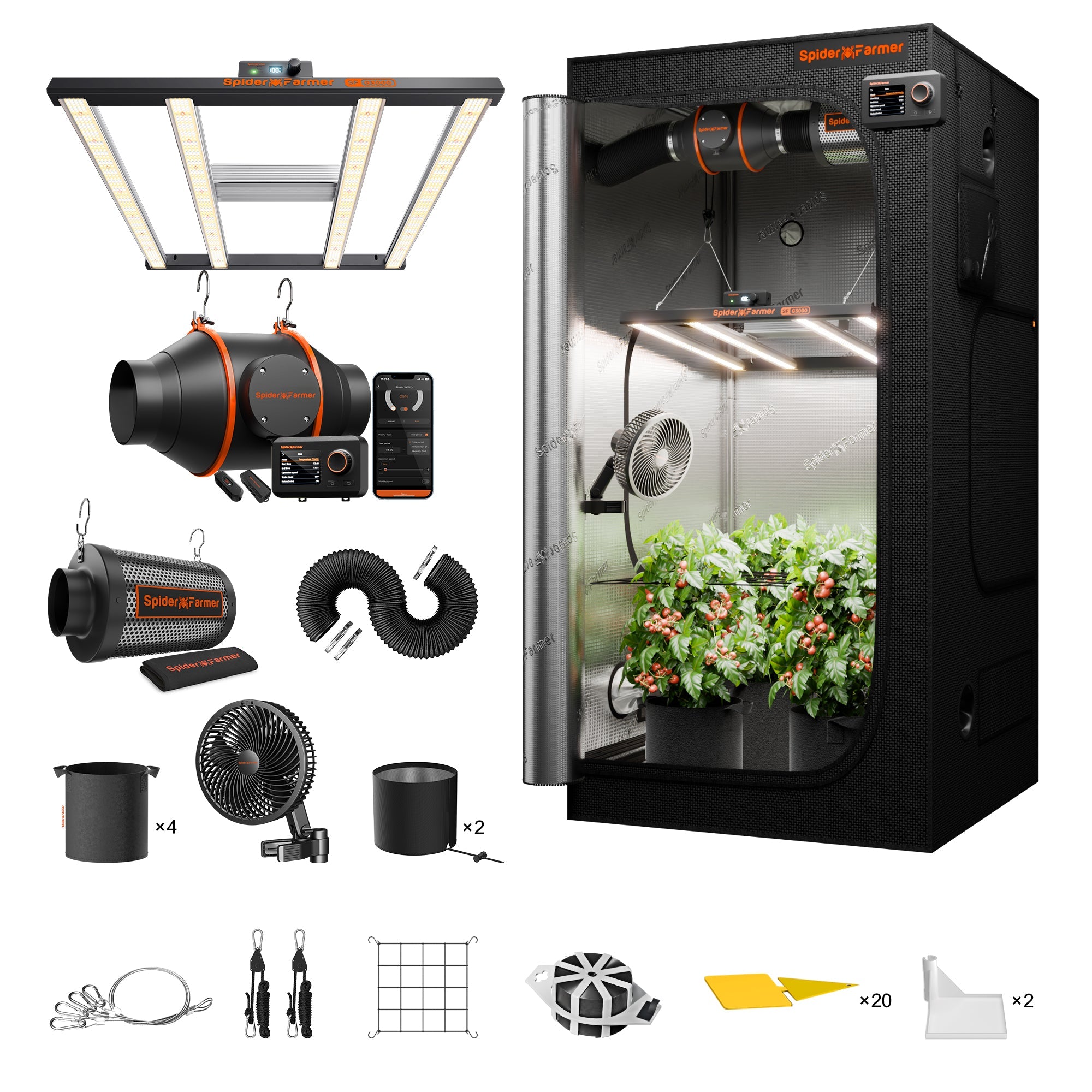 Spider Farmer 3×3' Complete Grow Tent Kit – G3000 WiFi & Bluetooth App-Controlled LED Grow Light – 6" Clip Fan