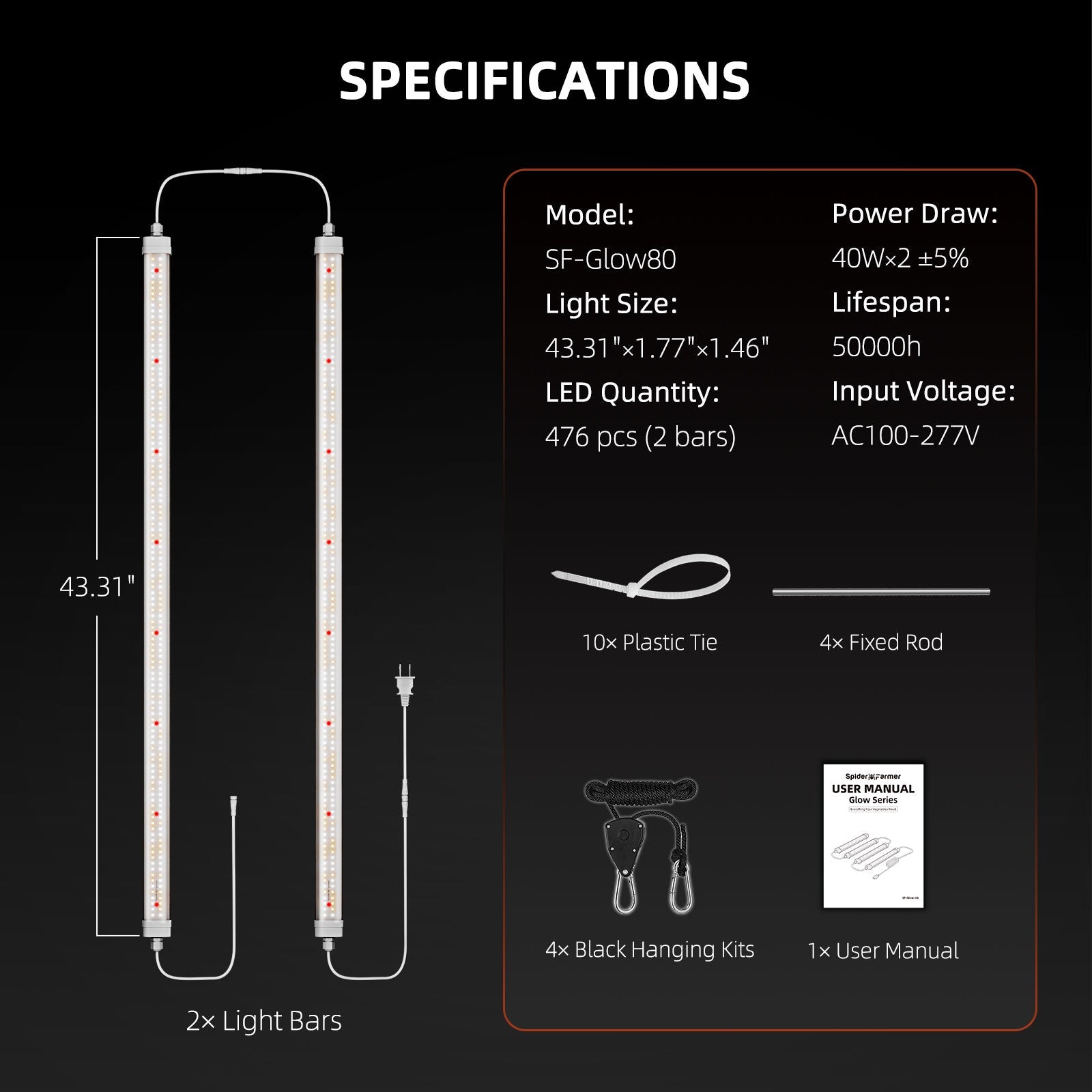 Spider Farmer Glow80 80 W LED Grow Light Bars, Full Spectrum, IP65 Waterproof, Linkable Lamps – product view 3