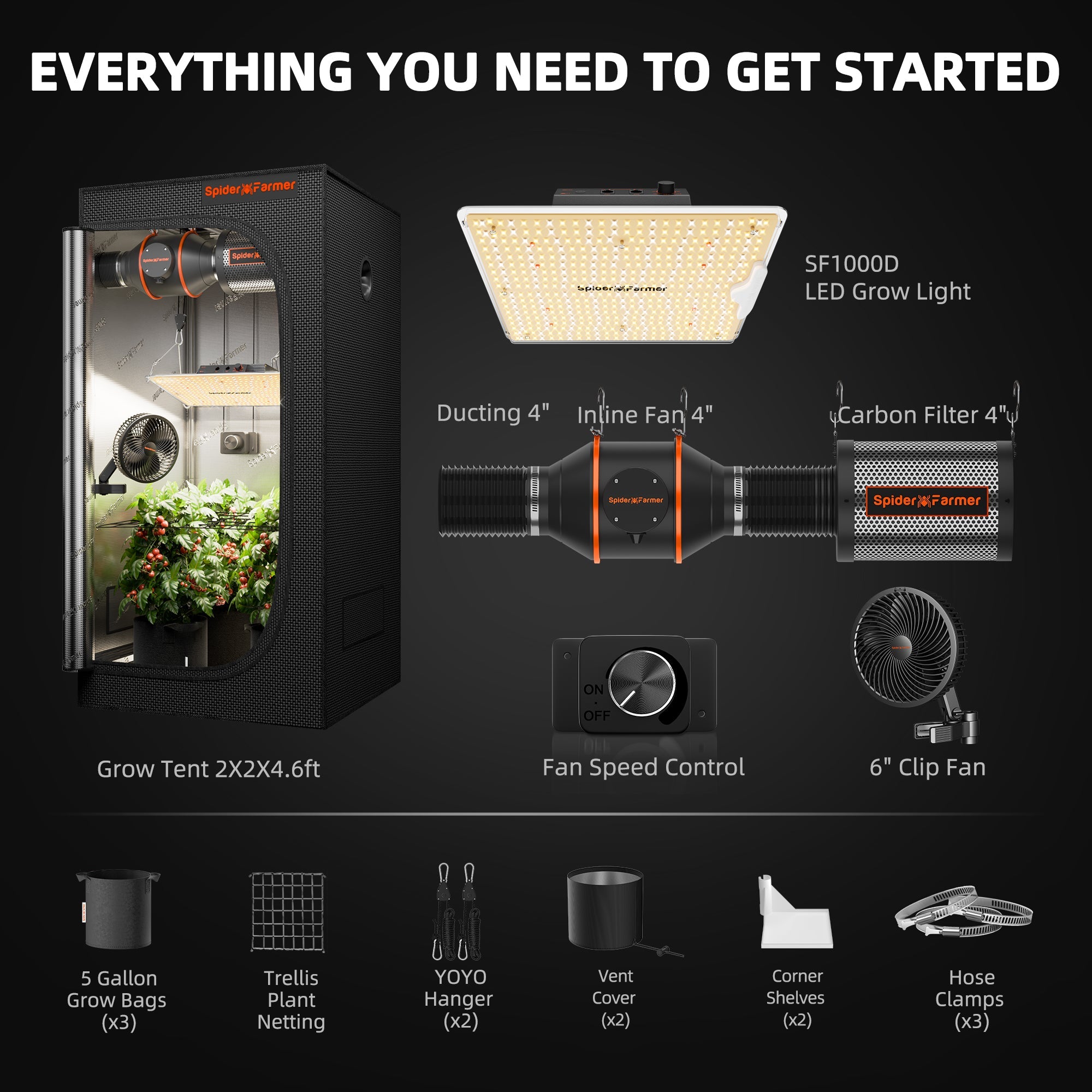 Spider Farmer 2' × 2' × 4.6' Complete Grow Tent Kit – SF1000D Full Spectrum LED Grow Light – 6" Clip Fan – product view 5