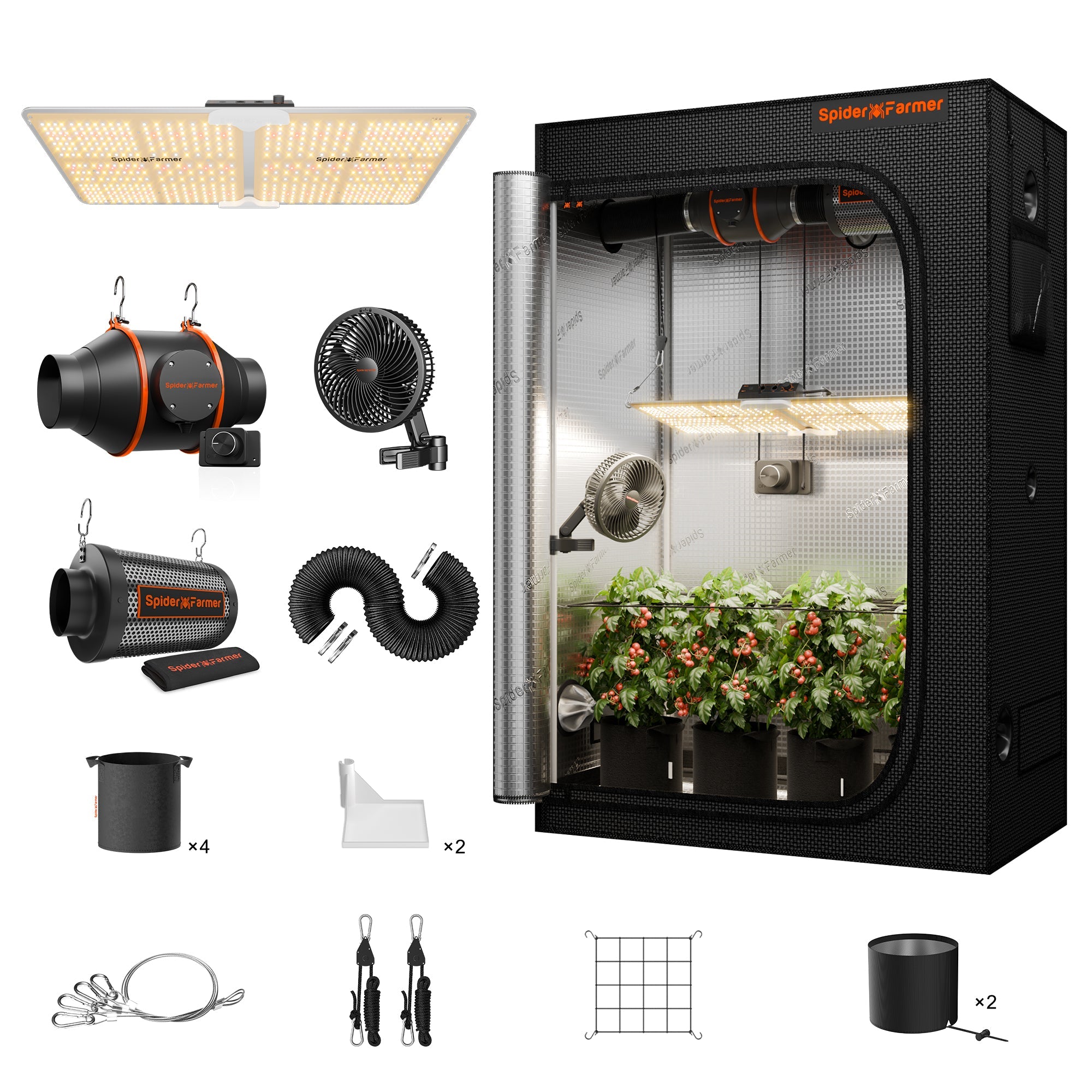 Spider Farmer 2' × 4' Complete Grow Tent Kit – SF2000 Full Spectrum LED Grow Light – 6" Clip Fan