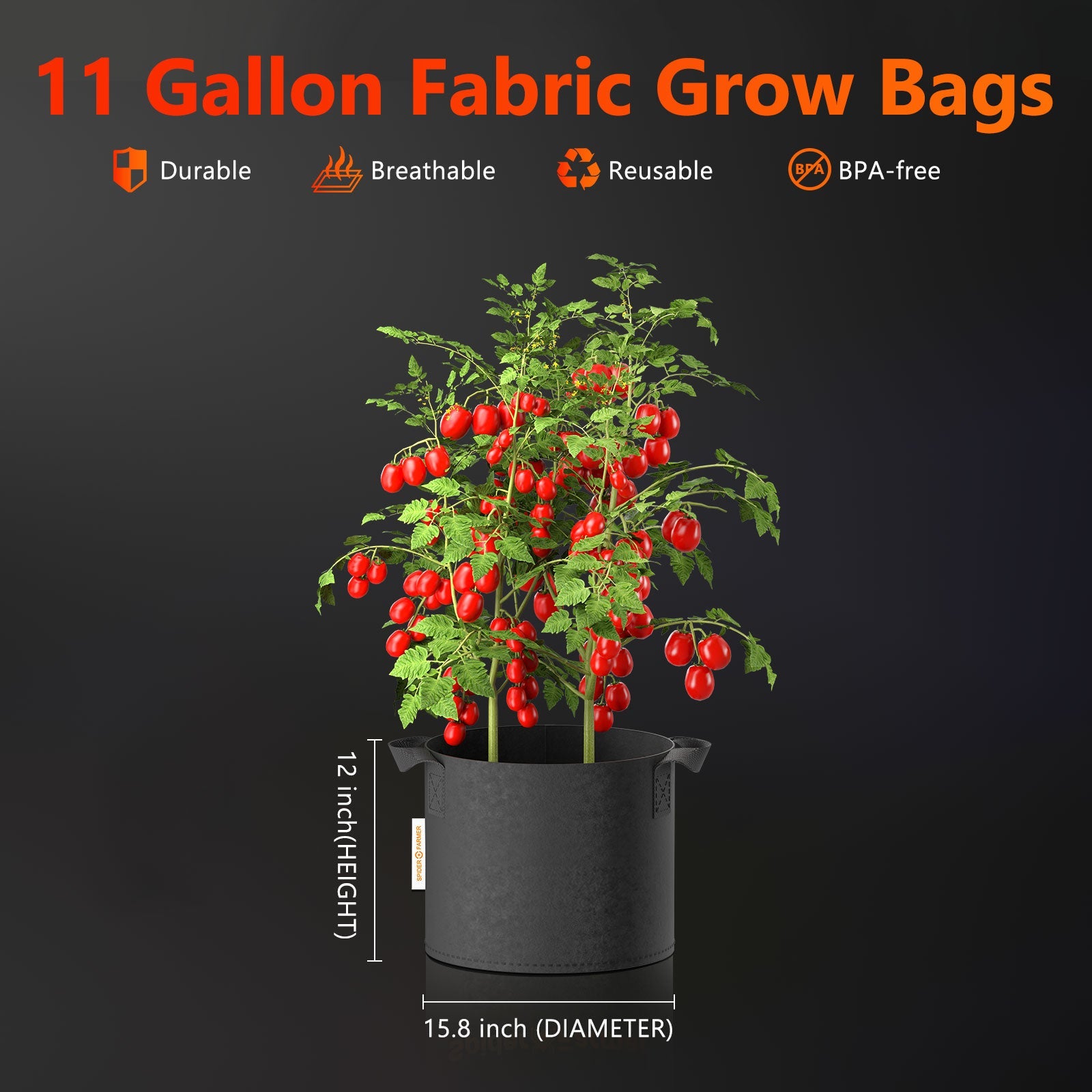 Spider Farmer 5-Pack 11 Gallon Grow Bags Reusable Heavy Duty Fabric Pots with Handles