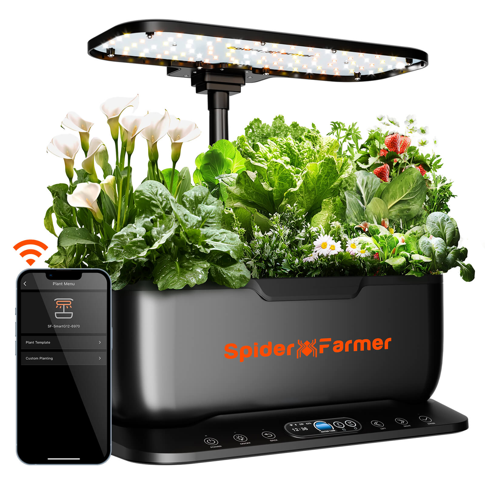 Spider Farmer SmartG12 Hydroponic Gardening System Kit, APP & Wifi Controlled, 36 W LED Grow Light, 12 Pods Indoor