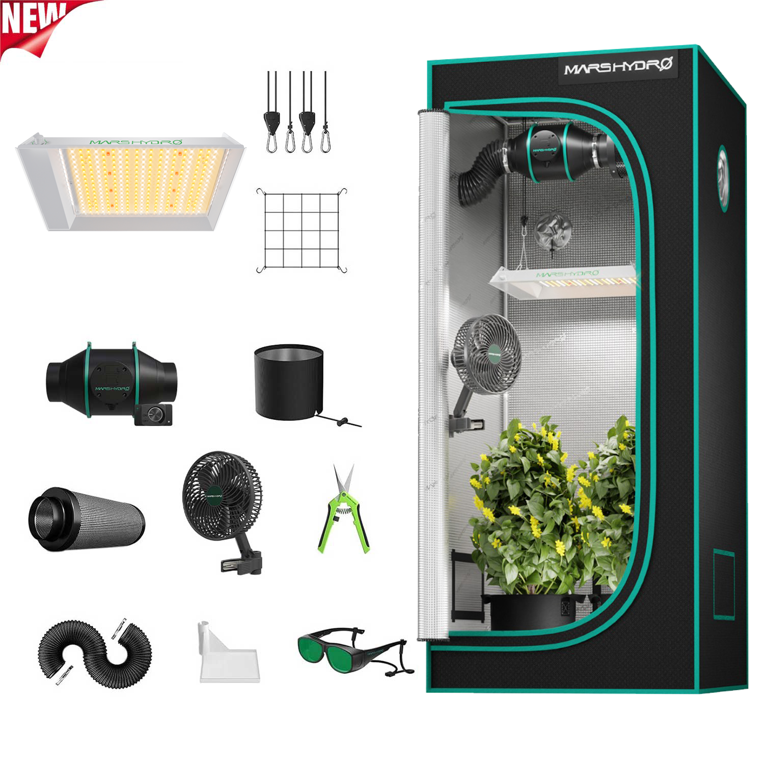 Mars Hydro TS 600 Dimmable Complete Grow Tent Kit – 100 W LED Grow Light – 60 × 60 × 140 cm Indoor Grow Tent
