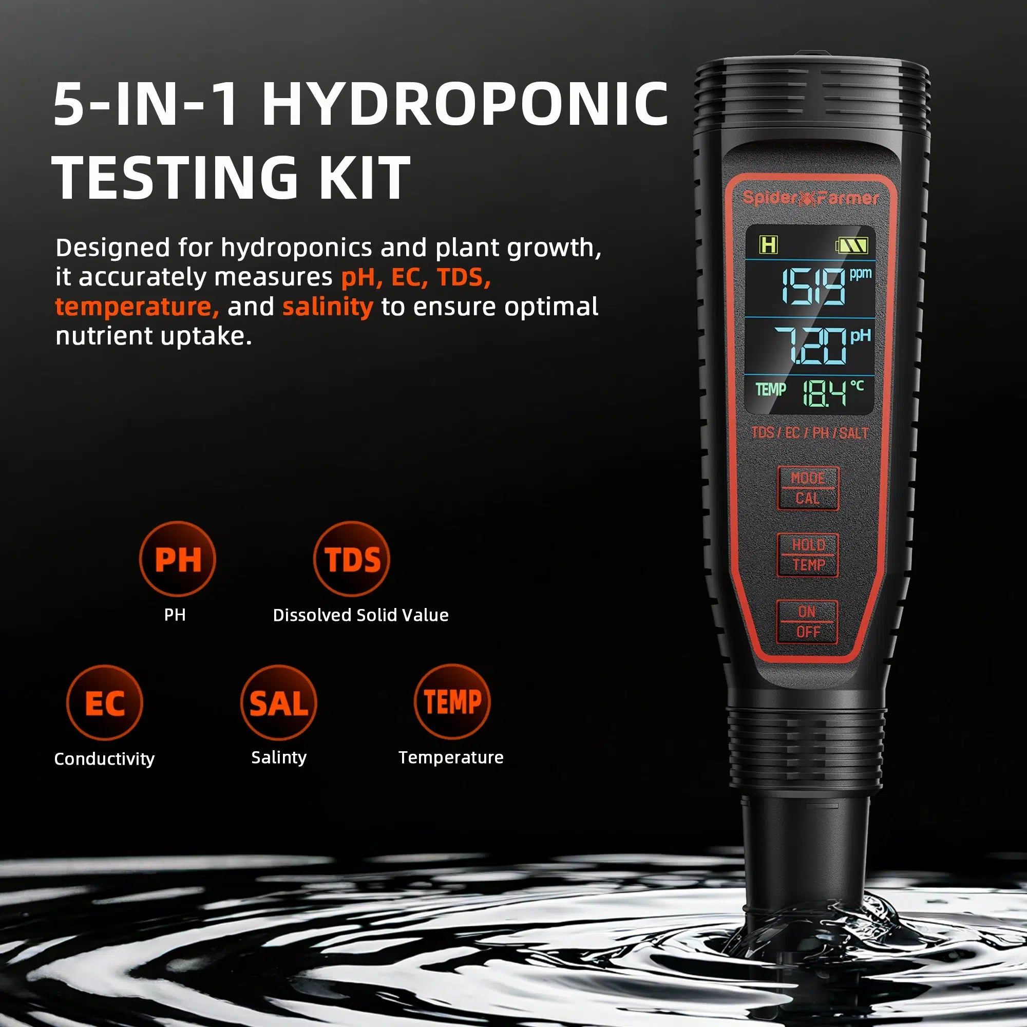 Spider Farmer 5-in-1 pH Hydroponic Meter Kit – product view 2